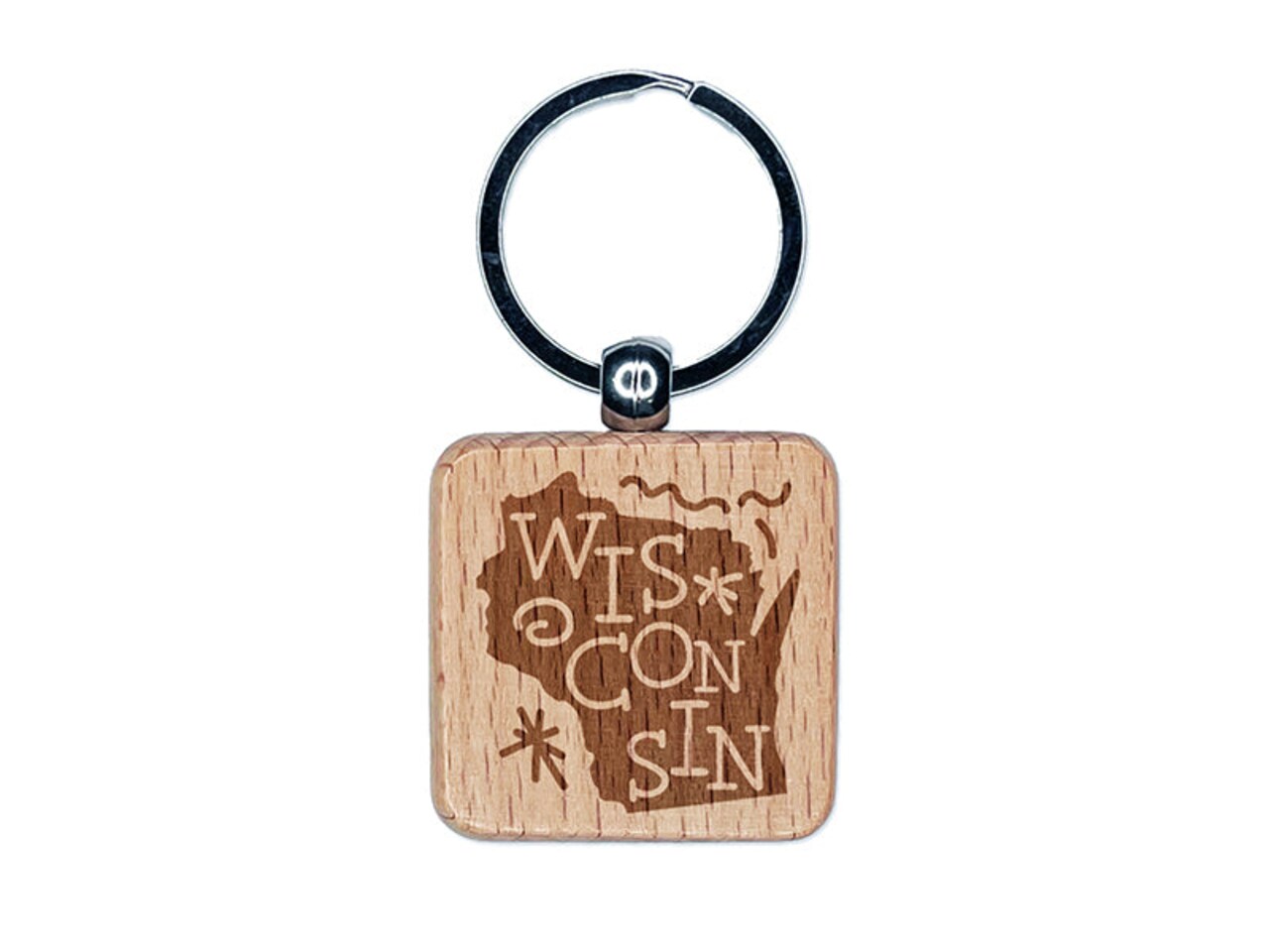 Wisconsin State with Text Swirls Engraved Wood Square Keychain Tag Charm